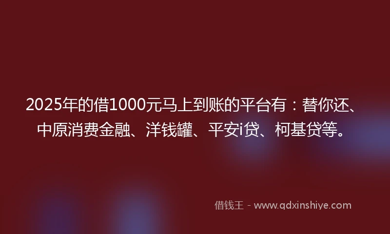 2025年的借1000元马上到账的平台有：替你还、中原消费金融、洋钱罐、平安i贷、柯基贷等。