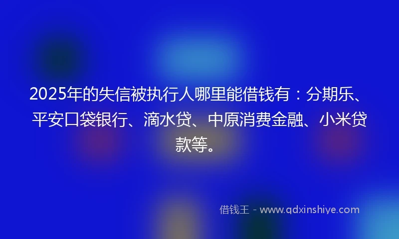 2025年的失信被执行人哪里能借钱有：分期乐、平安口袋银行、滴水贷、中原消费金融、小米贷款等。