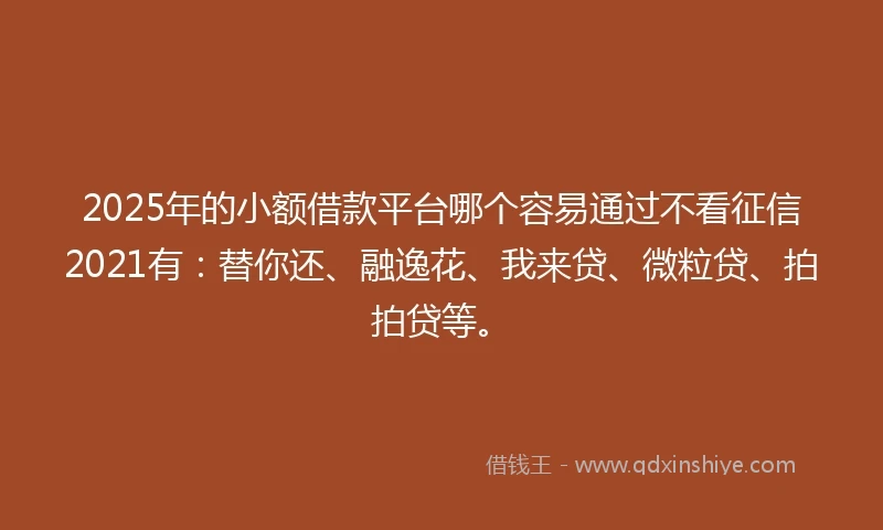 2025年的小额借款平台哪个容易通过不看征信2021有：替你还、融逸花、我来贷、微粒贷、拍拍贷等。