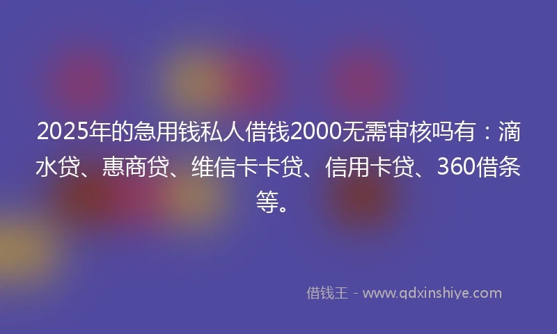 2025年的急用钱私人借钱2000无需审核吗有：滴水贷、惠商贷、维信卡卡贷、信用卡贷、360借条等。