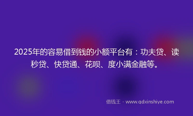 2025年的容易借到钱的小额平台有：功夫贷、读秒贷、快贷通、花呗、度小满金融等。