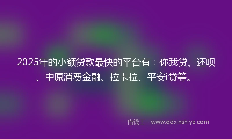 2025年的小额贷款最快的平台有：你我贷、还呗、中原消费金融、拉卡拉、平安i贷等。