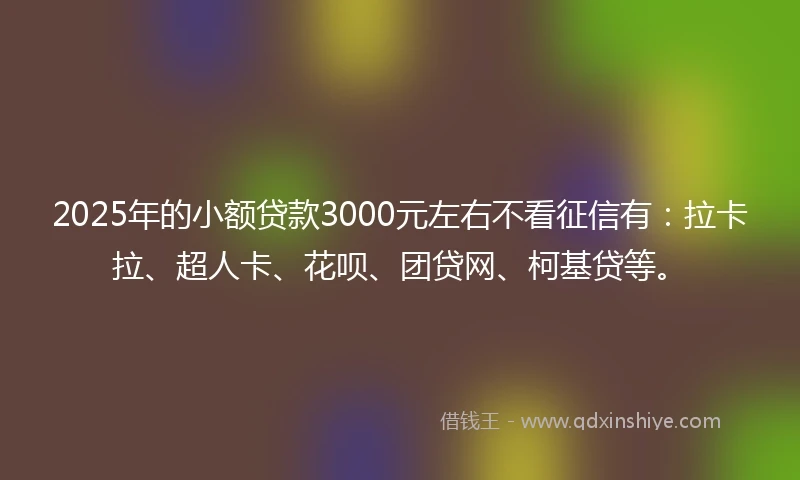 2025年的小额贷款3000元左右不看征信有：拉卡拉、超人卡、花呗、团贷网、柯基贷等。