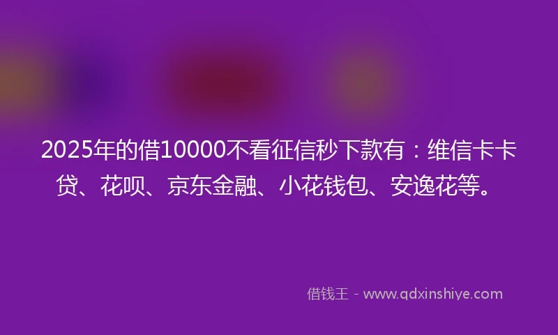 2025年的借10000不看征信秒下款有：维信卡卡贷、花呗、京东金融、小花钱包、安逸花等。