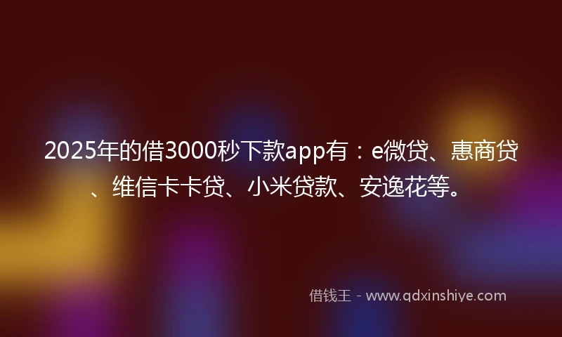 2025年的借3000秒下款app有：e微贷、惠商贷、维信卡卡贷、小米贷款、安逸花等。