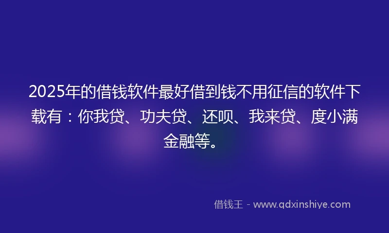 2025年的借钱软件最好借到钱不用征信的软件下载有：你我贷、功夫贷、还呗、我来贷、度小满金融等。