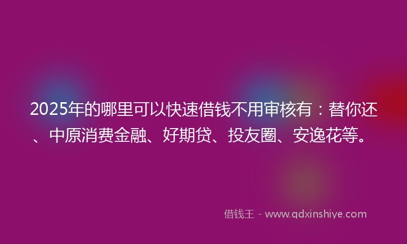 2025年的哪里可以快速借钱不用审核有：替你还、中原消费金融、好期贷、投友圈、安逸花等。