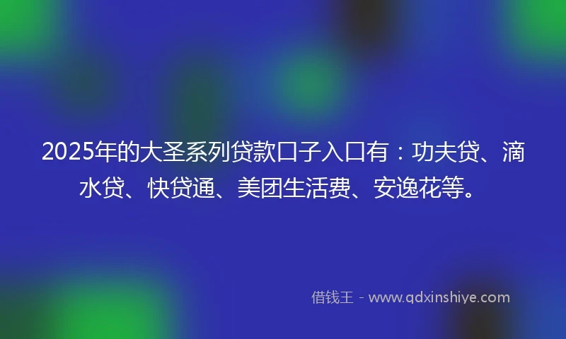 2025年的大圣系列贷款口子入口有：功夫贷、滴水贷、快贷通、美团生活费、安逸花等。