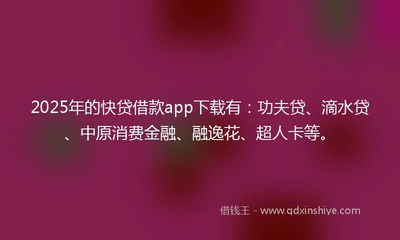 2025年的快贷借款app下载有：功夫贷、滴水贷、中原消费金融、融逸花、超人卡等。