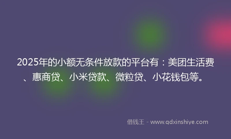 2025年的小额无条件放款的平台有：美团生活费、惠商贷、小米贷款、微粒贷、小花钱包等。