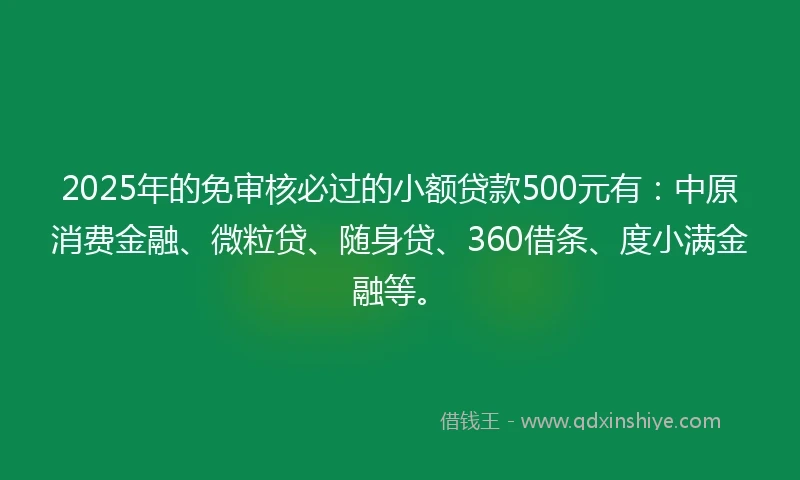 2025年的免审核必过的小额贷款500元有：中原消费金融、微粒贷、随身贷、360借条、度小满金融等。