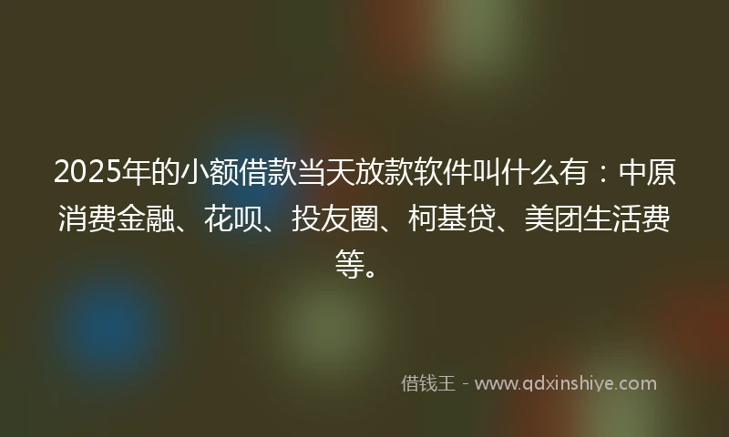 2025年的小额借款当天放款软件叫什么有：中原消费金融、花呗、投友圈、柯基贷、美团生活费等。