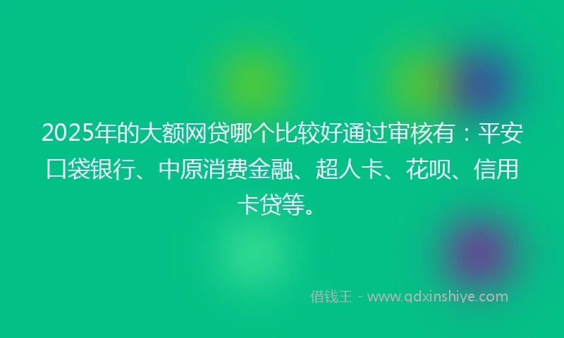 2025年的大额网贷哪个比较好通过审核有：平安口袋银行、中原消费金融、超人卡、花呗、信用卡贷等。
