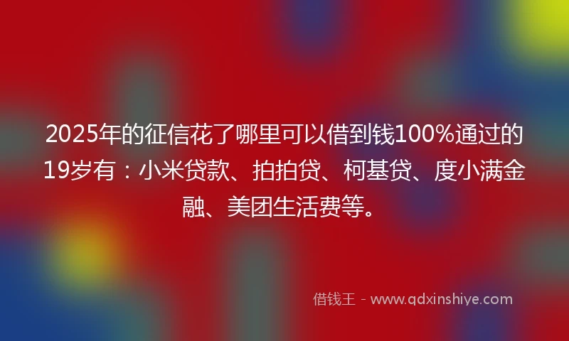 2025年的征信花了哪里可以借到钱100%通过的19岁有：小米贷款、拍拍贷、柯基贷、度小满金融、美团生活费等。