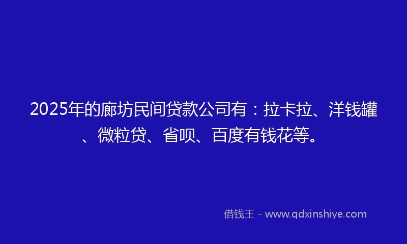 2025年的廊坊民间贷款公司有：拉卡拉、洋钱罐、微粒贷、省呗、百度有钱花等。