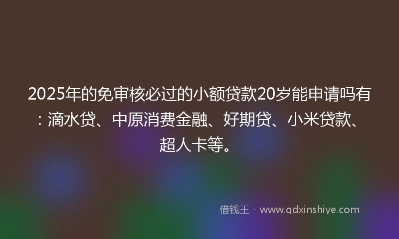 2025年的免审核必过的小额贷款20岁能申请吗有：滴水贷、中原消费金融、好期贷、小米贷款、超人卡等。