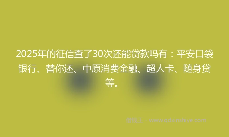 2025年的征信查了30次还能贷款吗有：平安口袋银行、替你还、中原消费金融、超人卡、随身贷等。