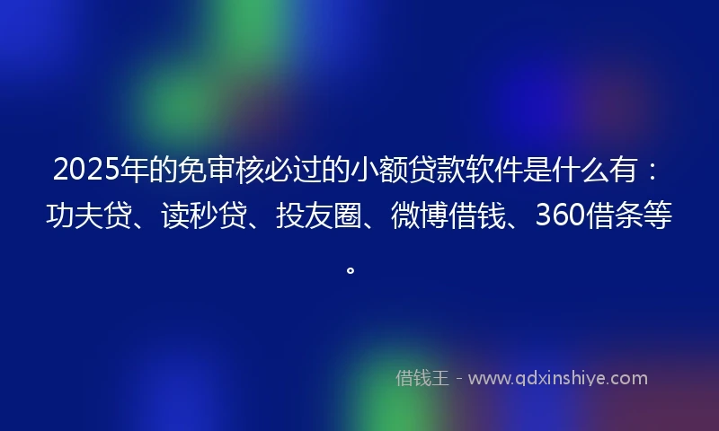 2025年的免审核必过的小额贷款软件是什么有：功夫贷、读秒贷、投友圈、微博借钱、360借条等。