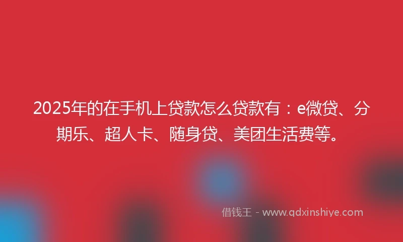 2025年的在手机上贷款怎么贷款有：e微贷、分期乐、超人卡、随身贷、美团生活费等。