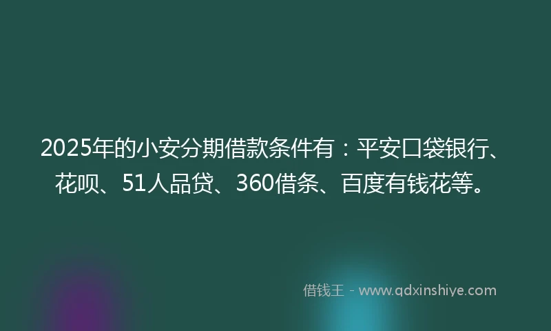 2025年的小安分期借款条件有：平安口袋银行、花呗、51人品贷、360借条、百度有钱花等。