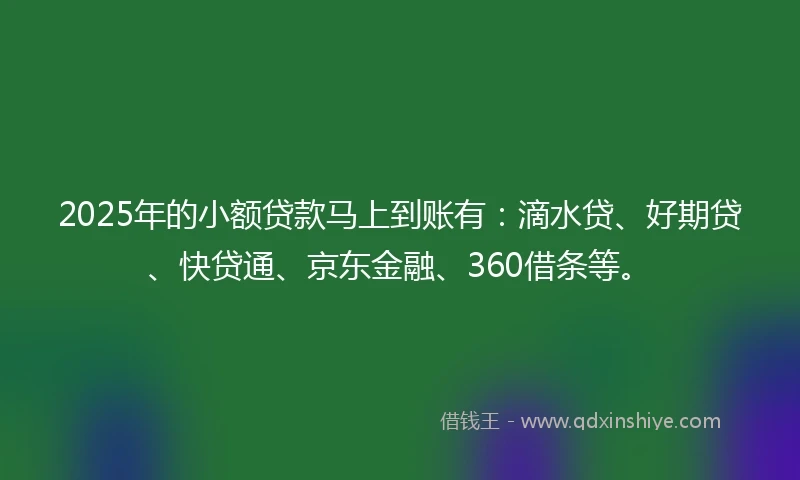 2025年的小额贷款马上到账有：滴水贷、好期贷、快贷通、京东金融、360借条等。