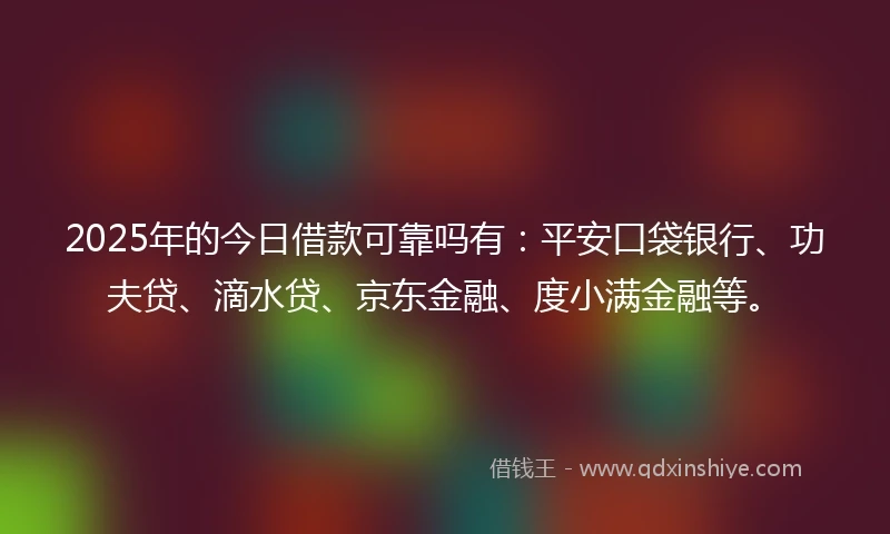 2025年的今日借款可靠吗有：平安口袋银行、功夫贷、滴水贷、京东金融、度小满金融等。