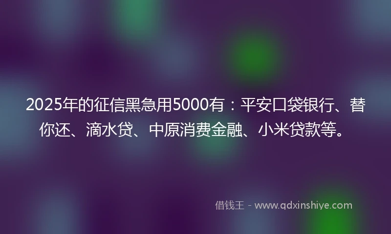 2025年的征信黑急用5000有：平安口袋银行、替你还、滴水贷、中原消费金融、小米贷款等。