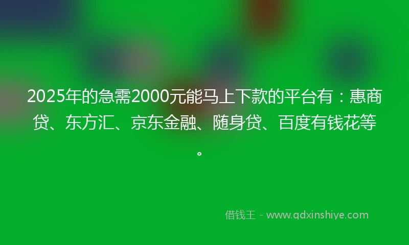 2025年的急需2000元能马上下款的平台有：惠商贷、东方汇、京东金融、随身贷、百度有钱花等。