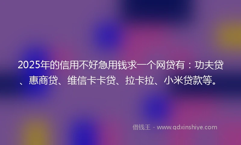 2025年的信用不好急用钱求一个网贷有：功夫贷、惠商贷、维信卡卡贷、拉卡拉、小米贷款等。