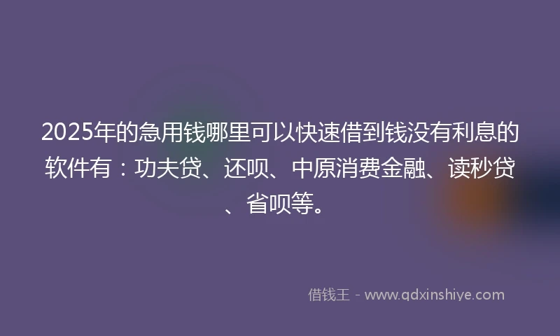 2025年的急用钱哪里可以快速借到钱没有利息的软件有：功夫贷、还呗、中原消费金融、读秒贷、省呗等。