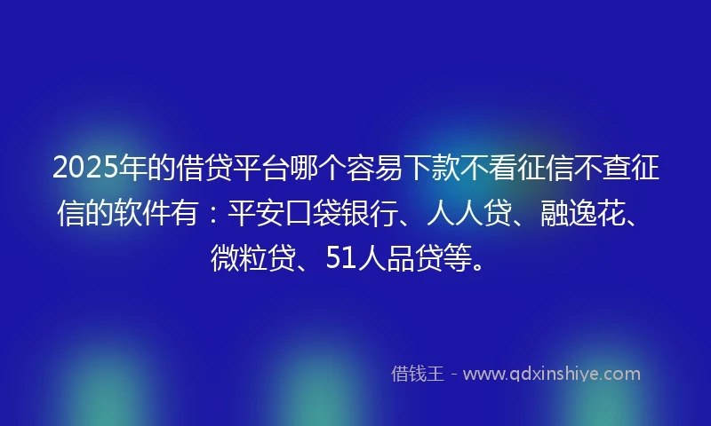 2025年的借贷平台哪个容易下款不看征信不查征信的软件有：平安口袋银行、人人贷、融逸花、微粒贷、51人品贷等。