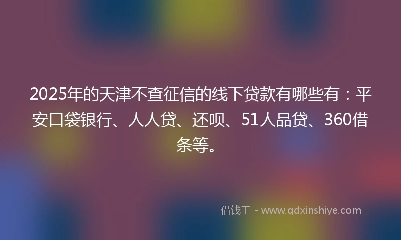 2025年的天津不查征信的线下贷款有哪些有：平安口袋银行、人人贷、还呗、51人品贷、360借条等。