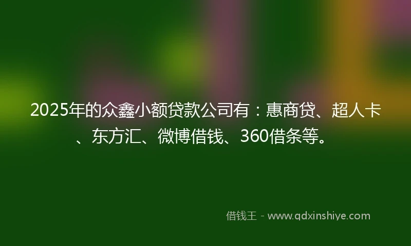 2025年的众鑫小额贷款公司有：惠商贷、超人卡、东方汇、微博借钱、360借条等。