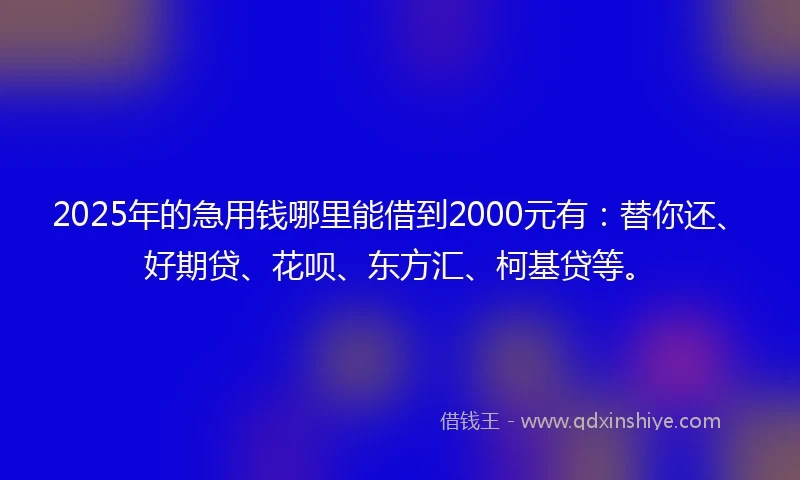 2025年的急用钱哪里能借到2000元有：替你还、好期贷、花呗、东方汇、柯基贷等。