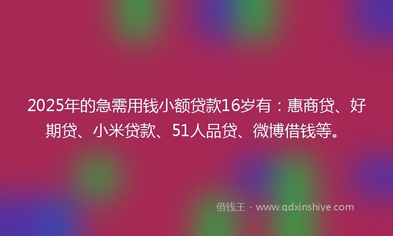 2025年的急需用钱小额贷款16岁有：惠商贷、好期贷、小米贷款、51人品贷、微博借钱等。