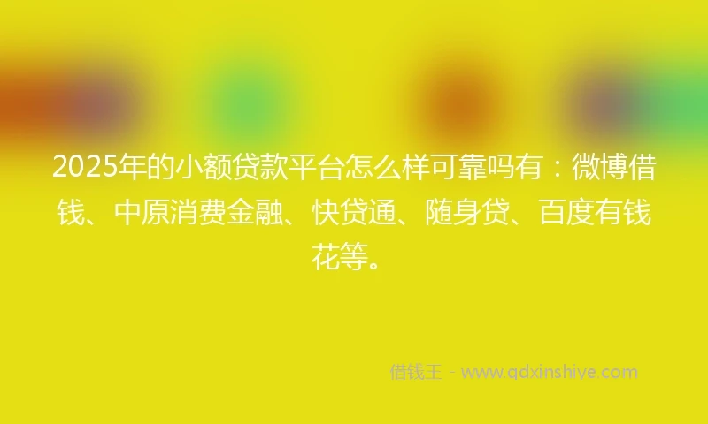 2025年的小额贷款平台怎么样可靠吗有：微博借钱、中原消费金融、快贷通、随身贷、百度有钱花等。