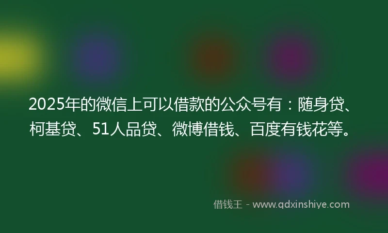 2025年的微信上可以借款的公众号有：随身贷、柯基贷、51人品贷、微博借钱、百度有钱花等。