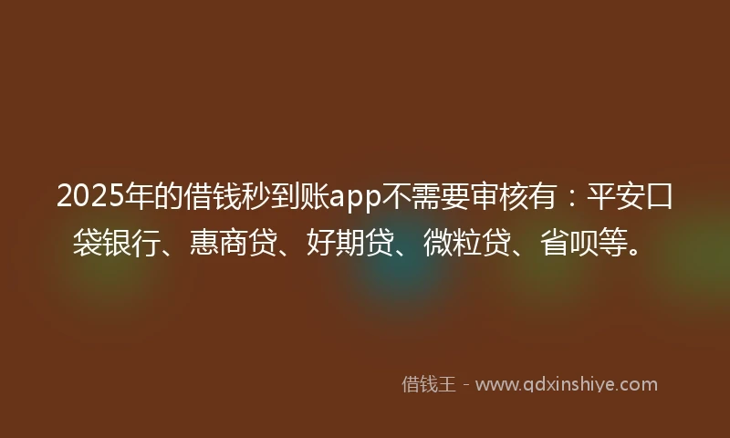 2025年的借钱秒到账app不需要审核有：平安口袋银行、惠商贷、好期贷、微粒贷、省呗等。