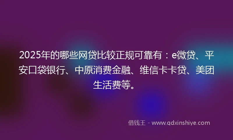 2025年的哪些网贷比较正规可靠有：e微贷、平安口袋银行、中原消费金融、维信卡卡贷、美团生活费等。