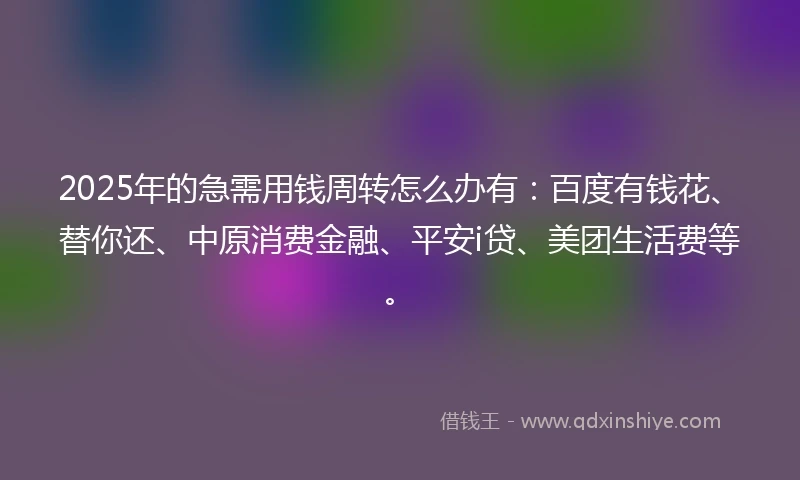 2025年的急需用钱周转怎么办有：百度有钱花、替你还、中原消费金融、平安i贷、美团生活费等。