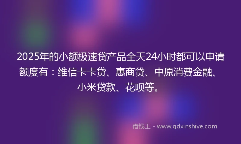2025年的小额极速贷产品全天24小时都可以申请额度有：维信卡卡贷、惠商贷、中原消费金融、小米贷款、花呗等。