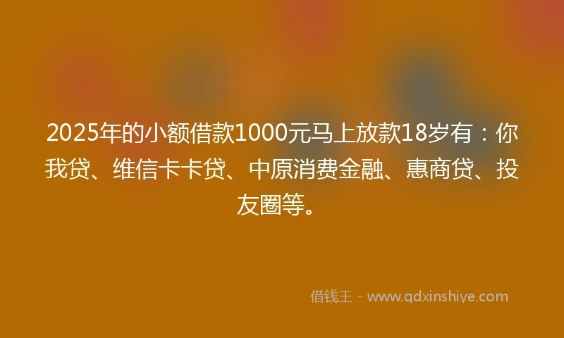 2025年的小额借款1000元马上放款18岁有：你我贷、维信卡卡贷、中原消费金融、惠商贷、投友圈等。