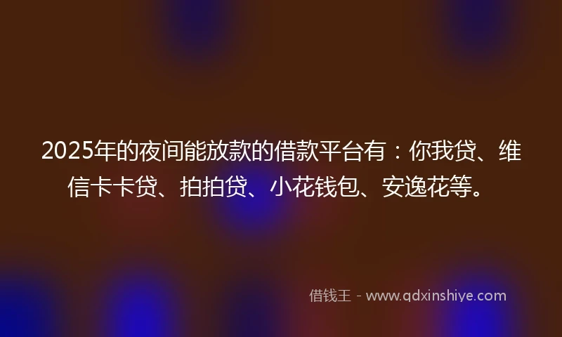 2025年的夜间能放款的借款平台有：你我贷、维信卡卡贷、拍拍贷、小花钱包、安逸花等。