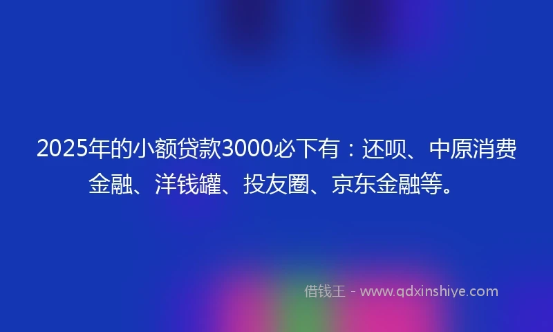 2025年的小额贷款3000必下有：还呗、中原消费金融、洋钱罐、投友圈、京东金融等。