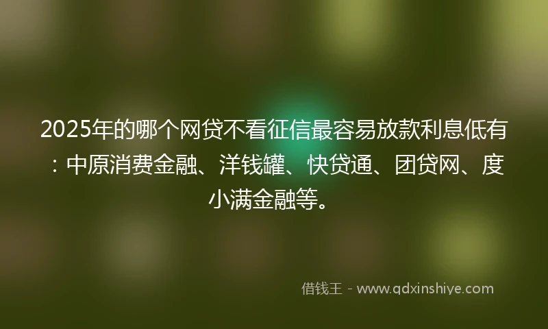 2025年的哪个网贷不看征信最容易放款利息低有：中原消费金融、洋钱罐、快贷通、团贷网、度小满金融等。