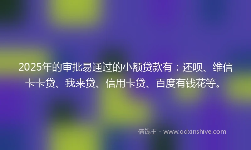 2025年的审批易通过的小额贷款有：还呗、维信卡卡贷、我来贷、信用卡贷、百度有钱花等。