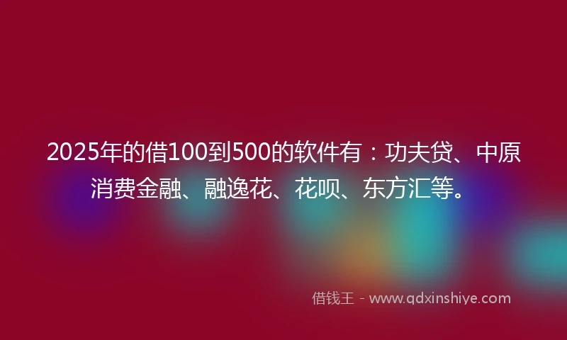 2025年的借100到500的软件有：功夫贷、中原消费金融、融逸花、花呗、东方汇等。
