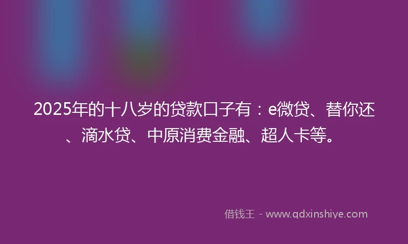 2025年的十八岁的贷款口子有：e微贷、替你还、滴水贷、中原消费金融、超人卡等。
