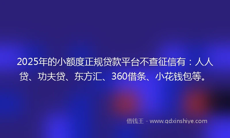 2025年的小额度正规贷款平台不查征信有：人人贷、功夫贷、东方汇、360借条、小花钱包等。