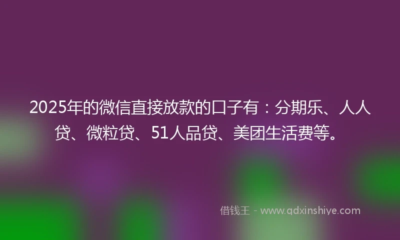 2025年的微信直接放款的口子有：分期乐、人人贷、微粒贷、51人品贷、美团生活费等。